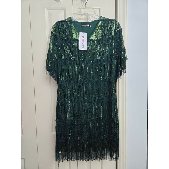 PrettyGuide Green Sequin Fringe Dress Size 10 100% Polyester Party Glam Flapper - Picture 1 of 5
